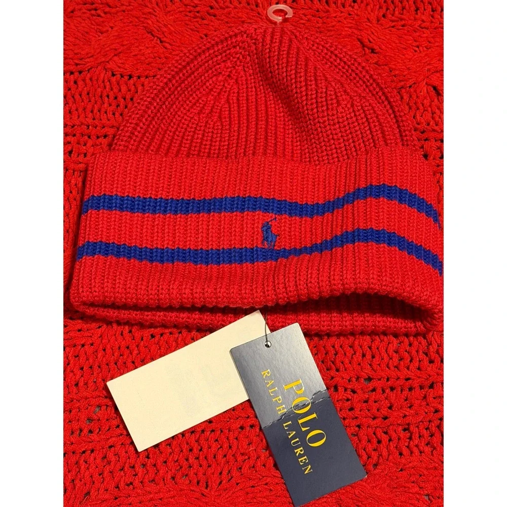 Polo Ralph Lauren Kids Red Blue Striped Ribbed Knit Beanie Hat One Size 4-7 NEW